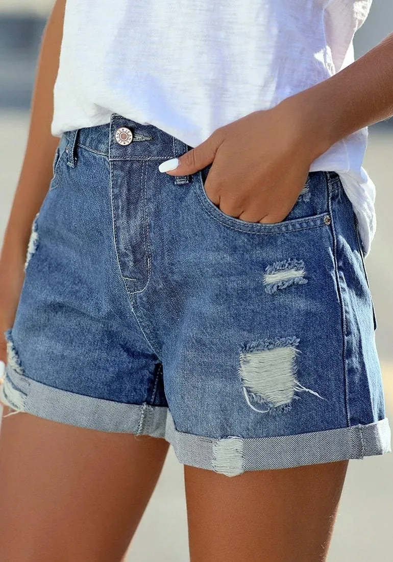 Blue Roll-Over Distressed Denim Shorts