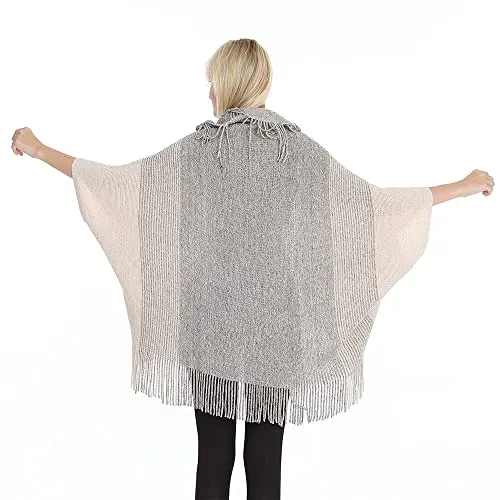 Bold N Elegant Girl's Winter Warm Open Front Poncho Cardigan Shrug Style Wrap with Tassel Fringe Hem for Women (Off White - Grey)