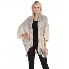 Bold N Elegant Girl's Winter Warm Open Front Poncho Cardigan Shrug Style Wrap with Tassel Fringe Hem for Women (Off White - Grey)