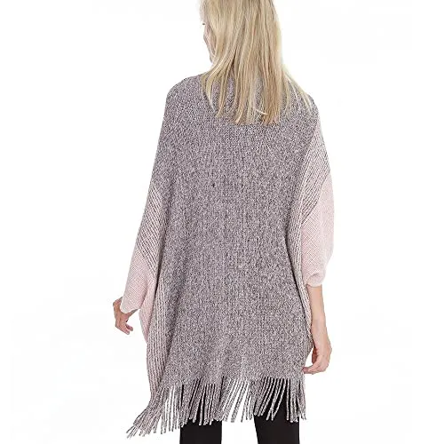 Bold N Elegant Girl's Winter Warm Open Front Poncho Cardigan Shrug Style Wrap with Tassel Fringe Hem for Women (Off White - Grey)