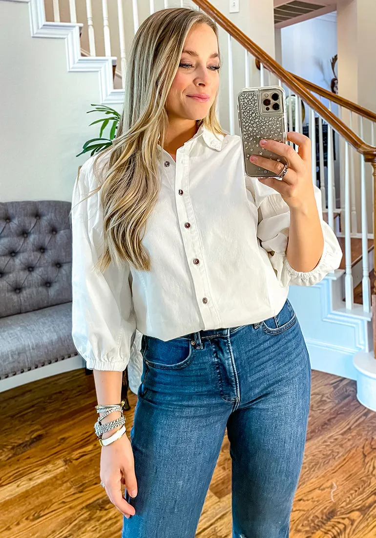 Brilliant White 2023 Denim Shirt Women Button Down Chambray Oversized Puff Sleeve Blouses Distressed Western Jean Tops