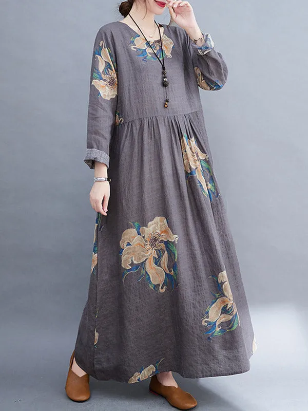 Casual Loose Pleated Flower Printed Round-Neck Long Sleeves Maxi Dress