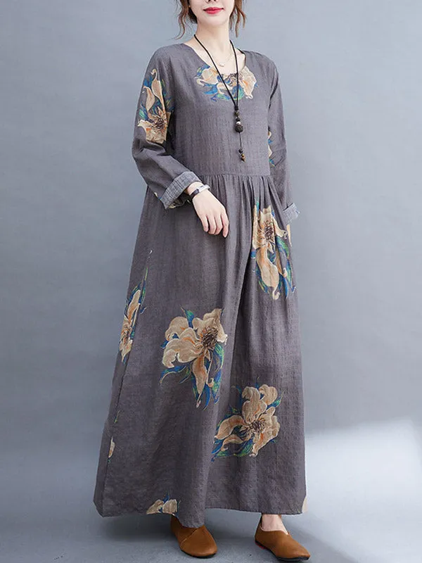 Casual Loose Pleated Flower Printed Round-Neck Long Sleeves Maxi Dress