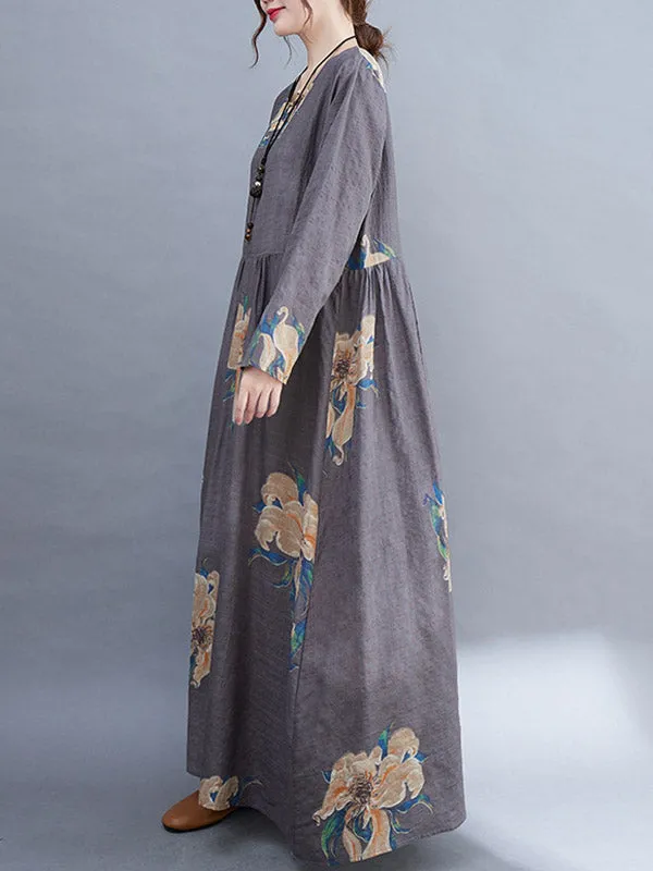 Casual Loose Pleated Flower Printed Round-Neck Long Sleeves Maxi Dress