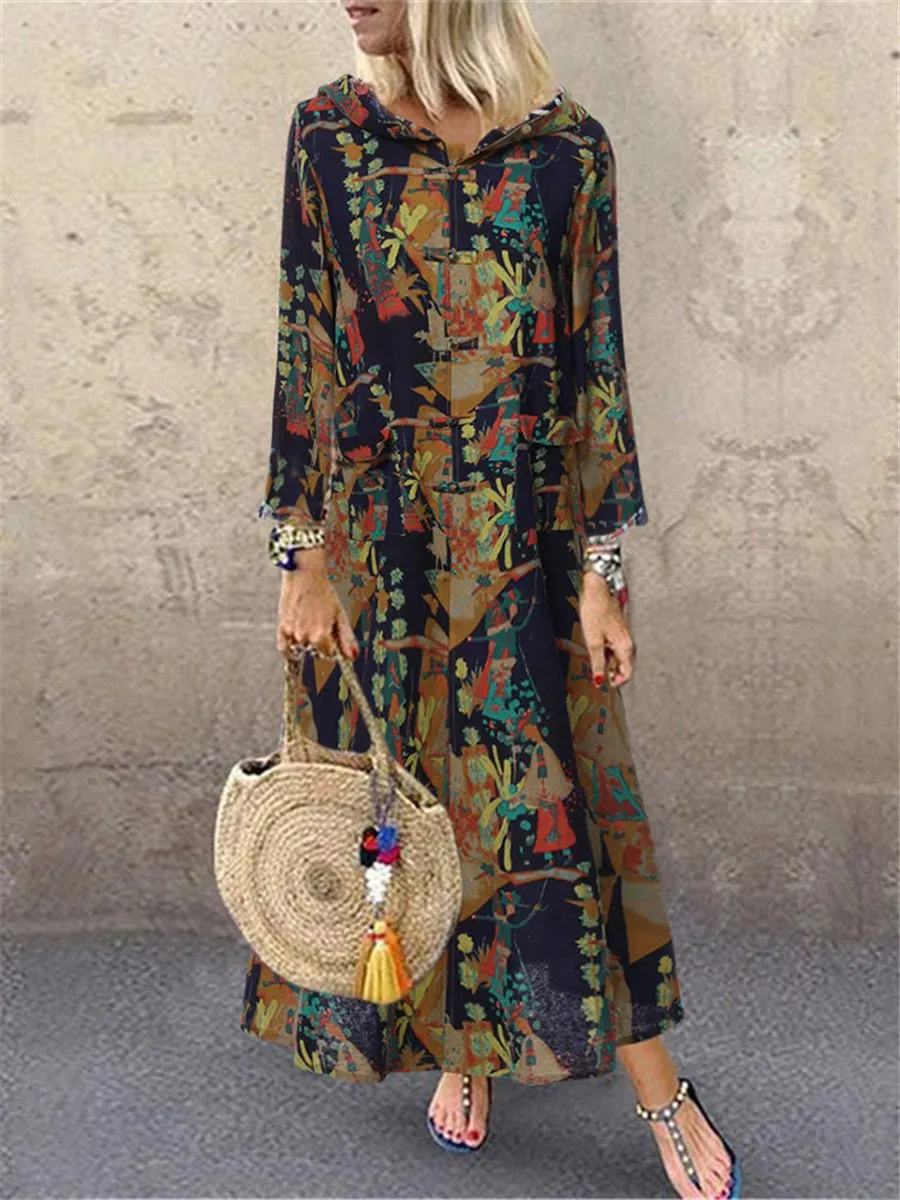 Casual Retro Long Sleeve Hooded Long Sleeve Dress