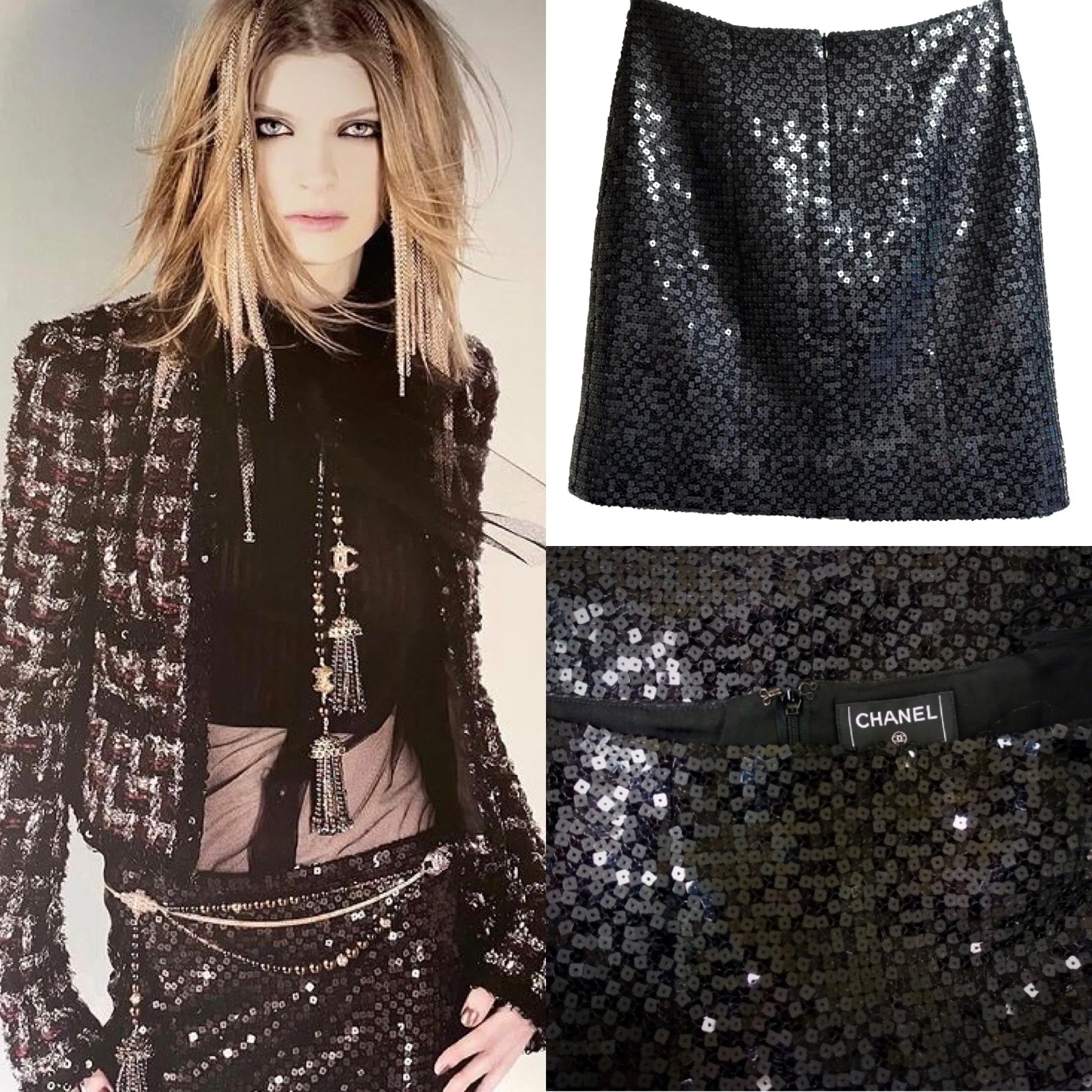 Chanel 02A 2002 Fall black sequin skirt FR 38 US 4