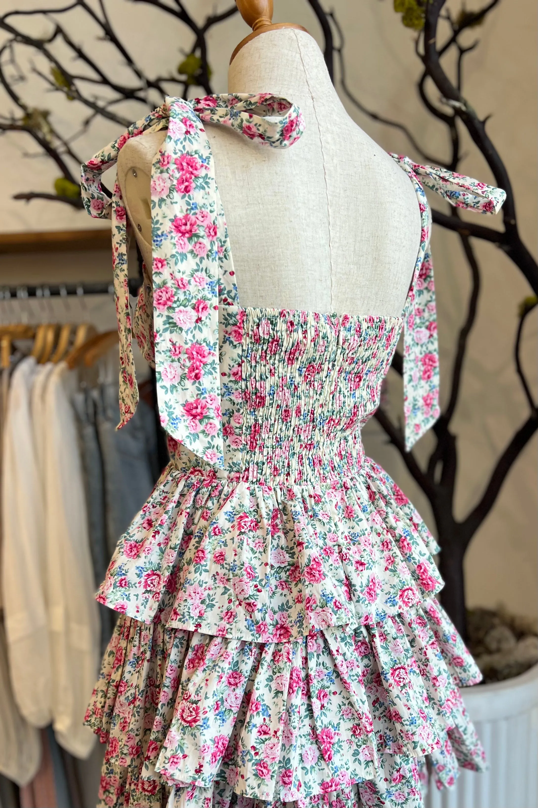 CHESSIE CREAM FLORAL TIERED DRESS