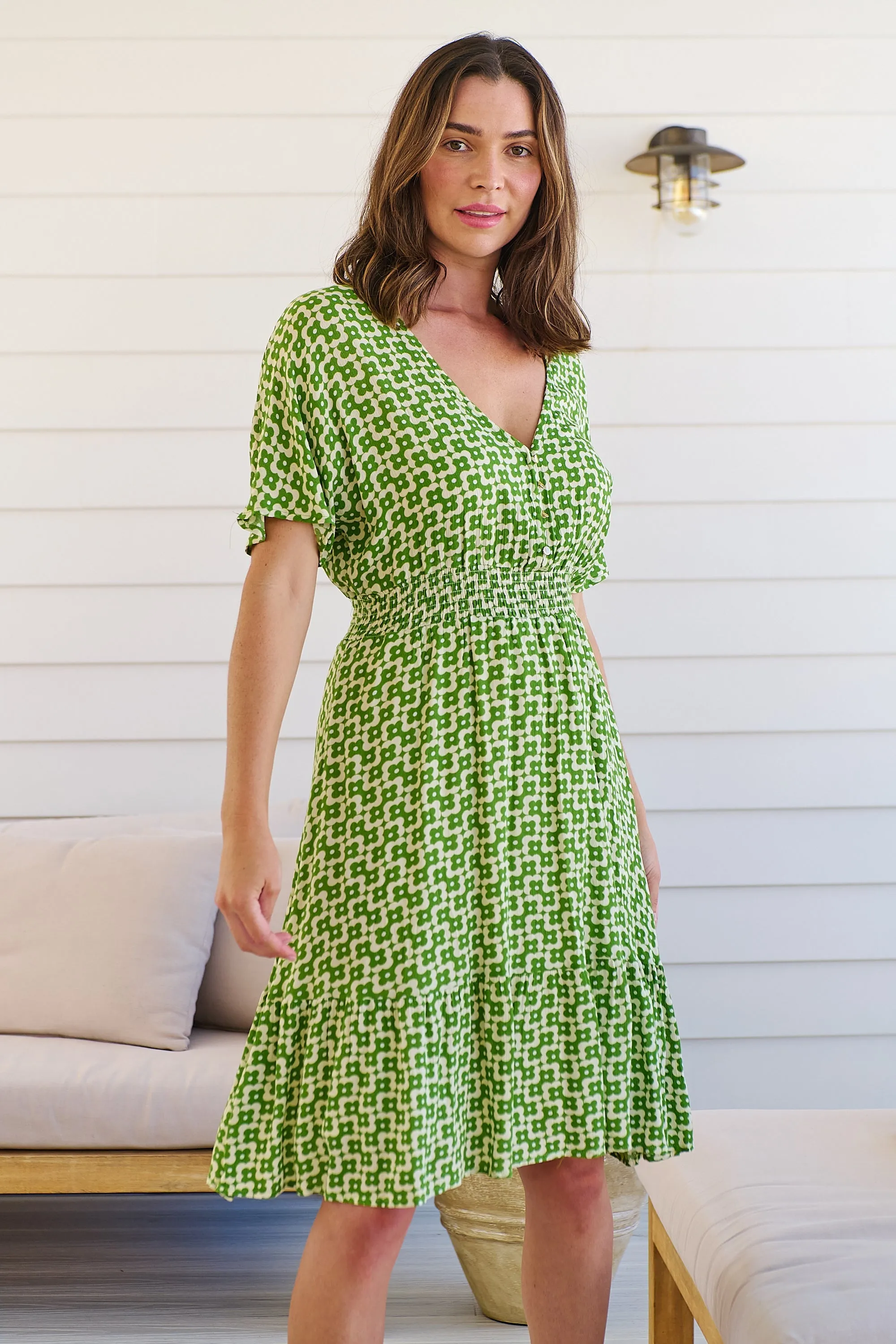 Chiara Cap Sleeve Green Retro Print Button Front Dress