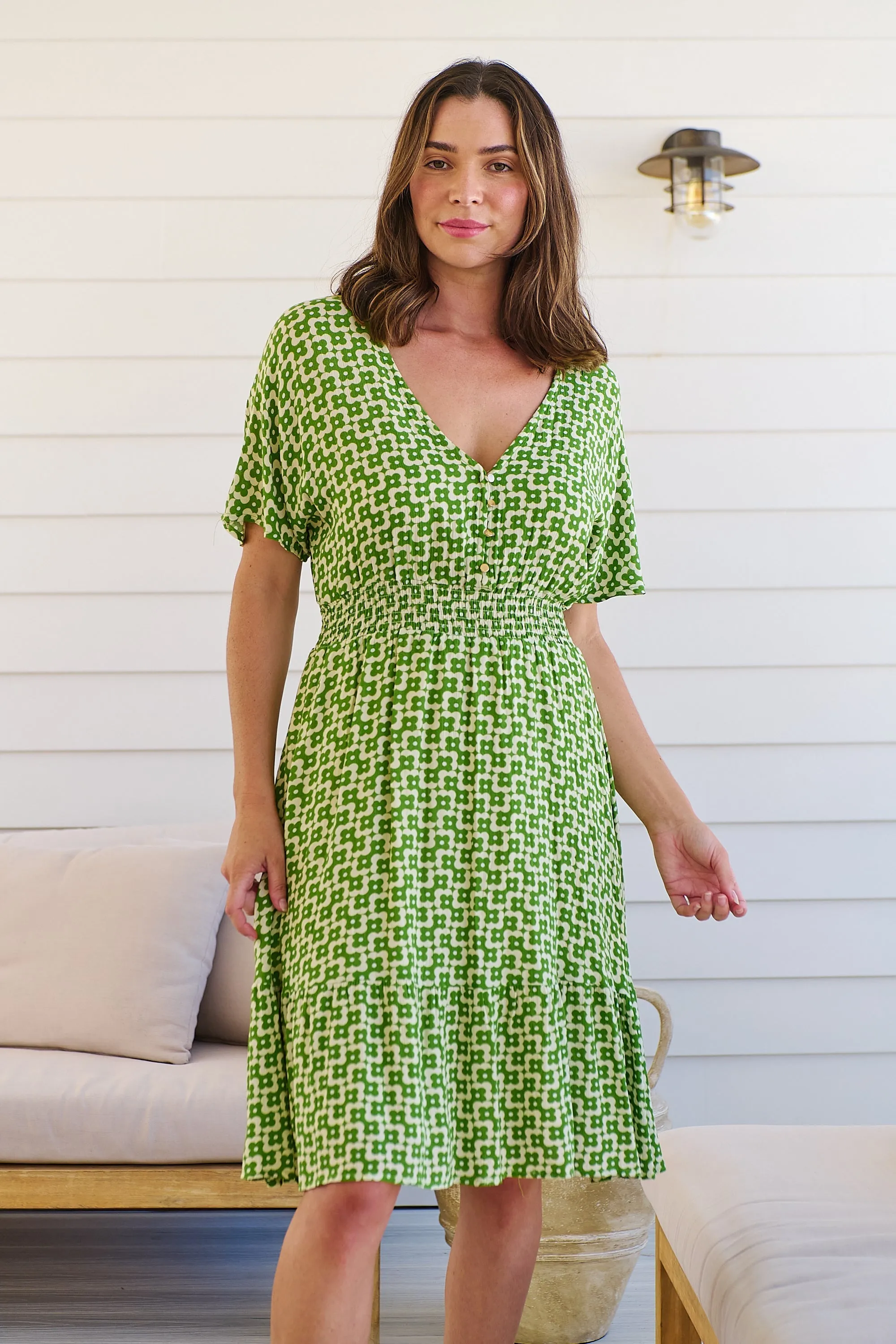 Chiara Cap Sleeve Green Retro Print Button Front Dress