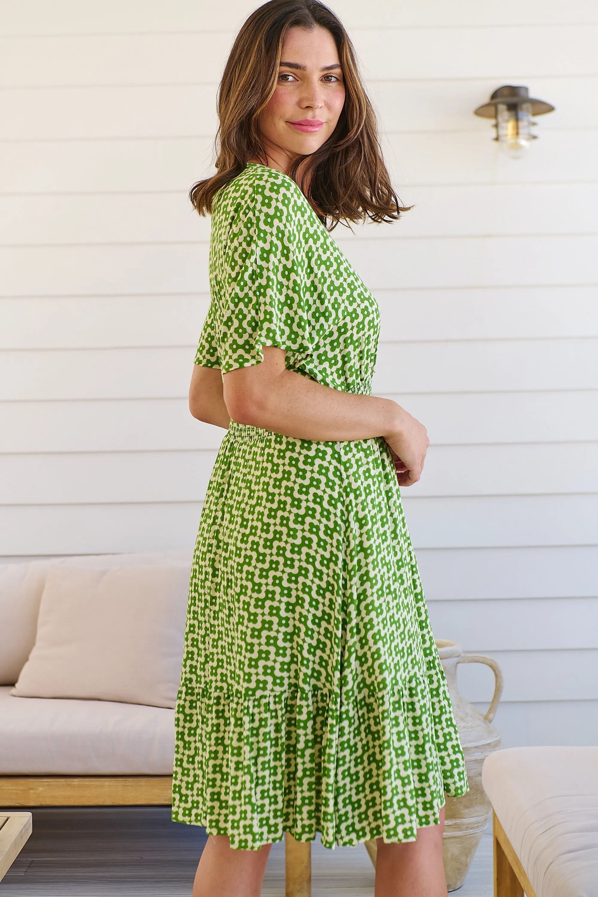 Chiara Cap Sleeve Green Retro Print Button Front Dress