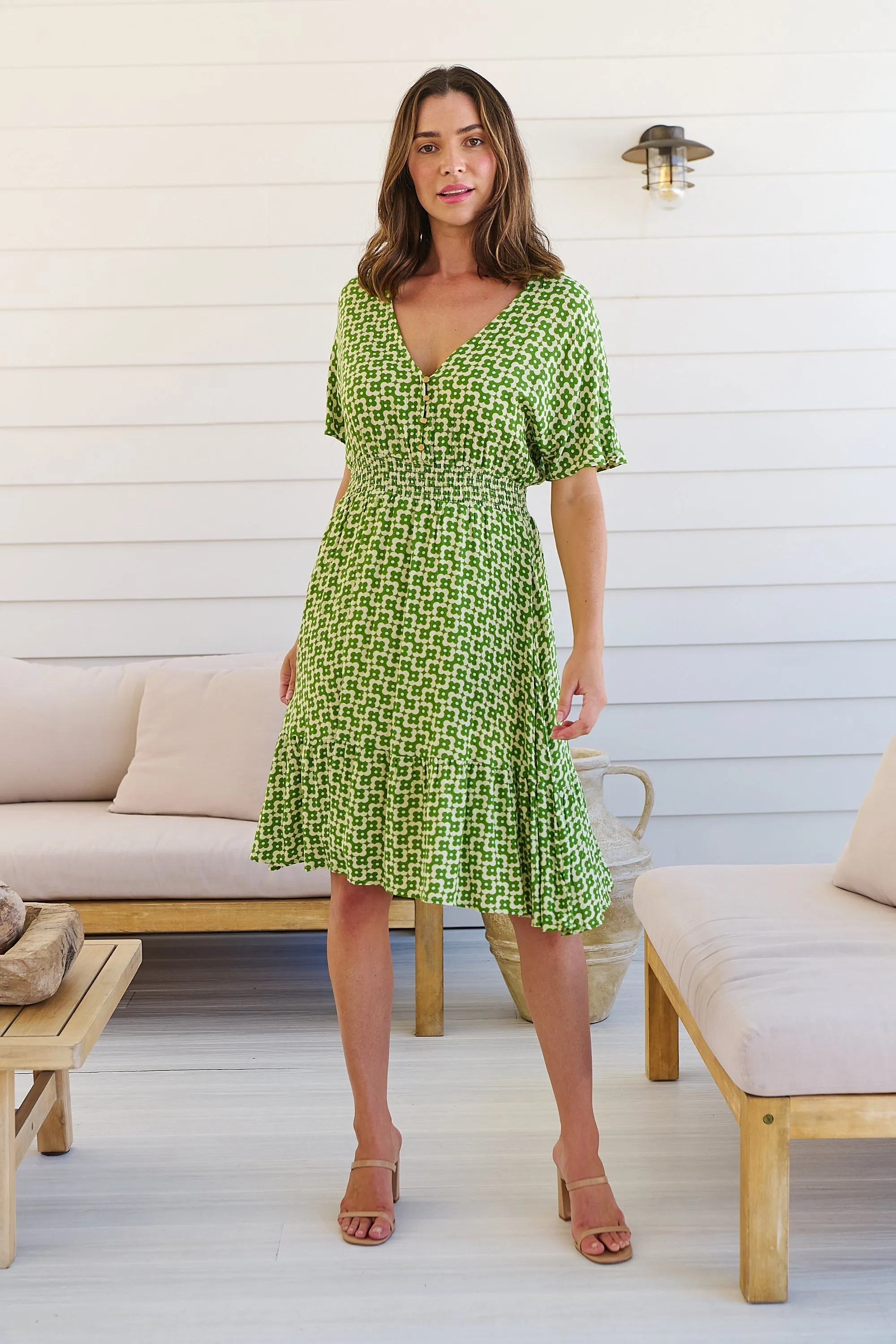 Chiara Cap Sleeve Green Retro Print Button Front Dress