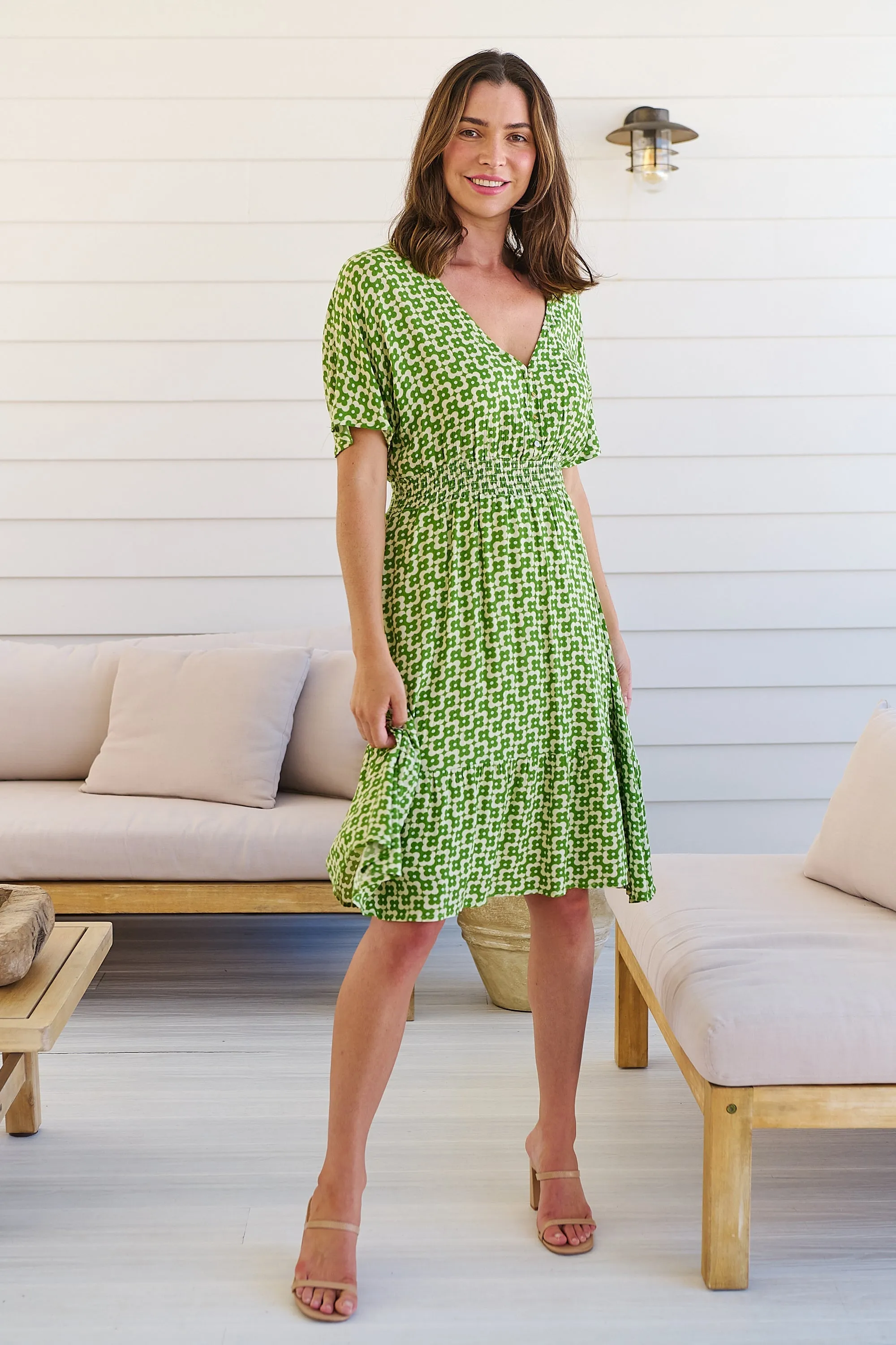 Chiara Cap Sleeve Green Retro Print Button Front Dress