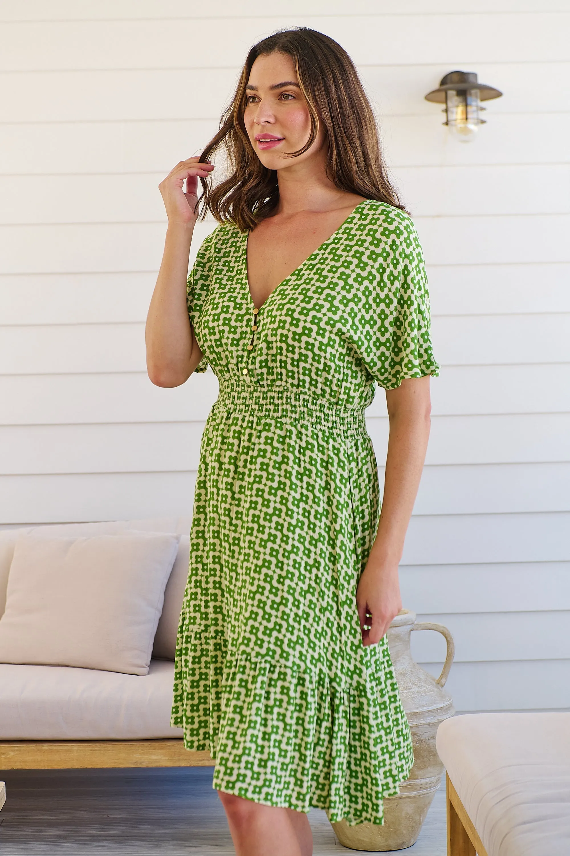 Chiara Cap Sleeve Green Retro Print Button Front Dress