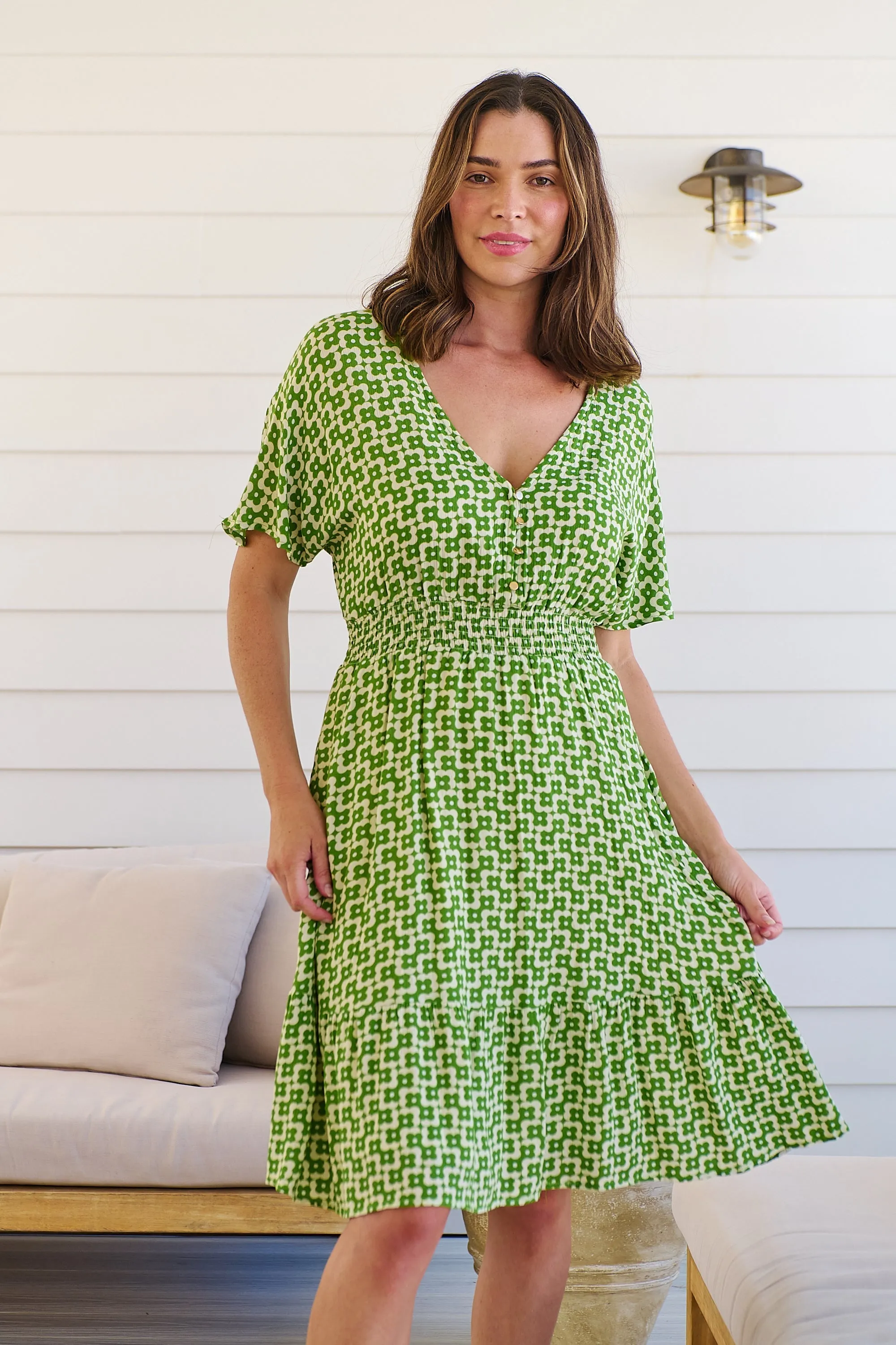 Chiara Cap Sleeve Green Retro Print Button Front Dress