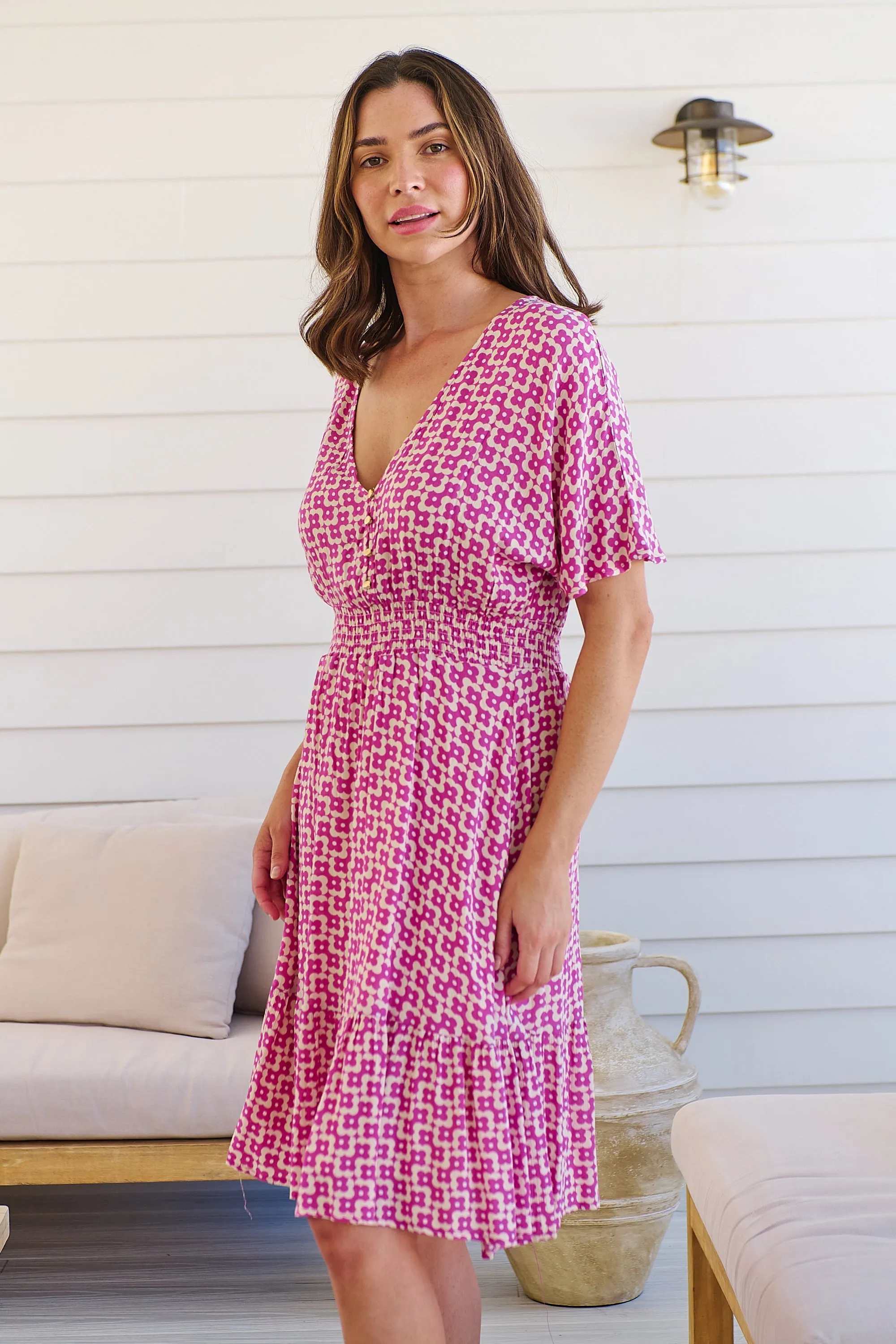 Chiara Cap Sleeve Pink Retro Print Button Front Dress