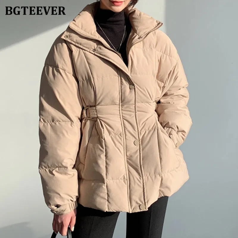 Christmas Gift Joskaa Elegant Turtleneck Cotton Padded Women Parkas 2024 Winter Warm Loose Full Sleeve Single-breasted Female Jacket Coat