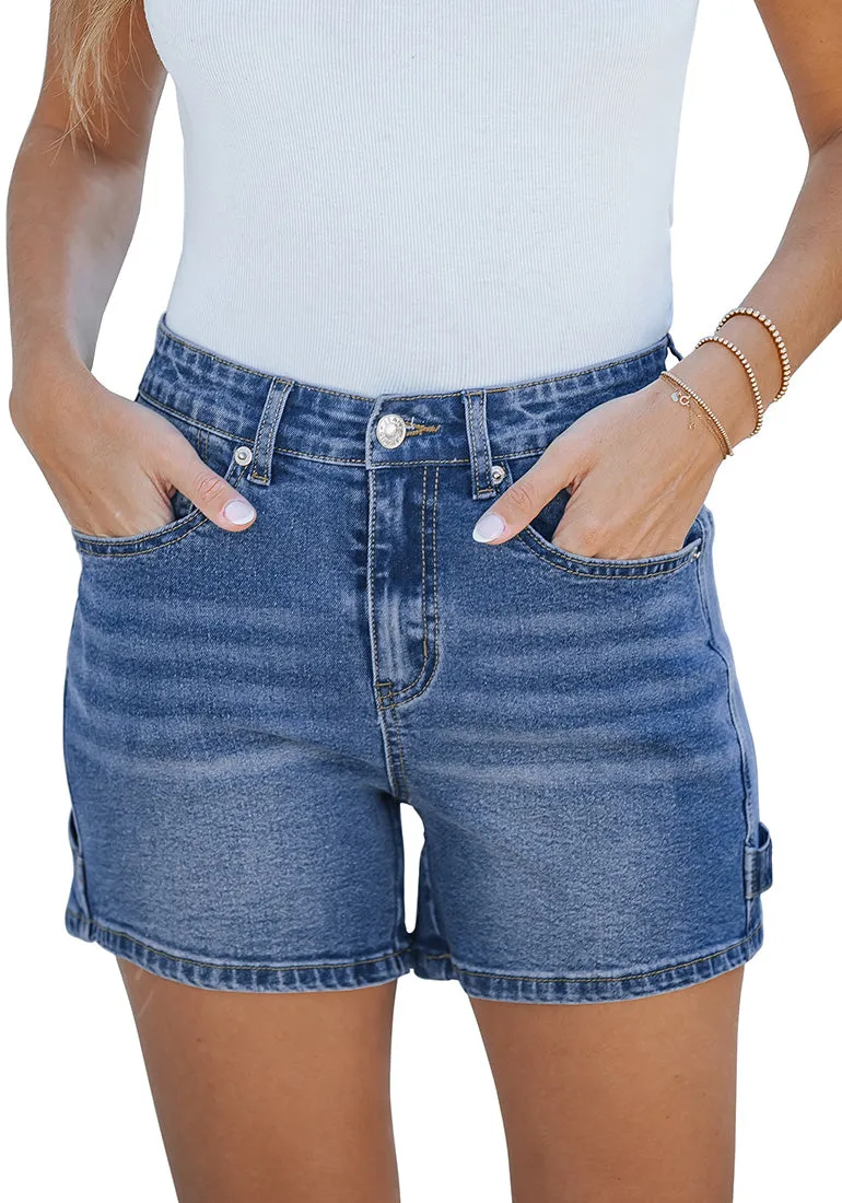 Classic Blue Women's High Waisted Distressed Denim Jeans Stretchy Summer Casual Shorts