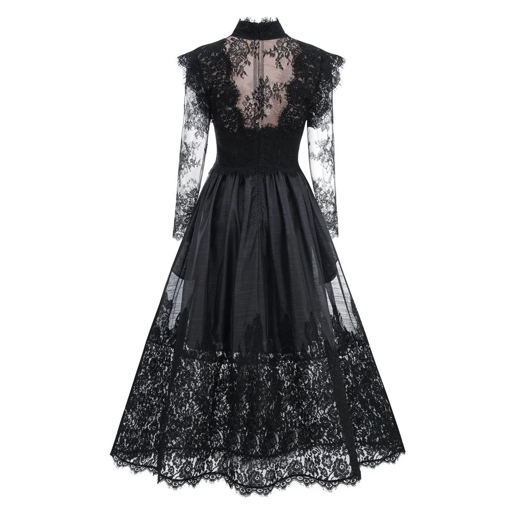 Classy Sheer Floral Lace Mock Neck Long Sleeve A Line Gown Maxi Dress