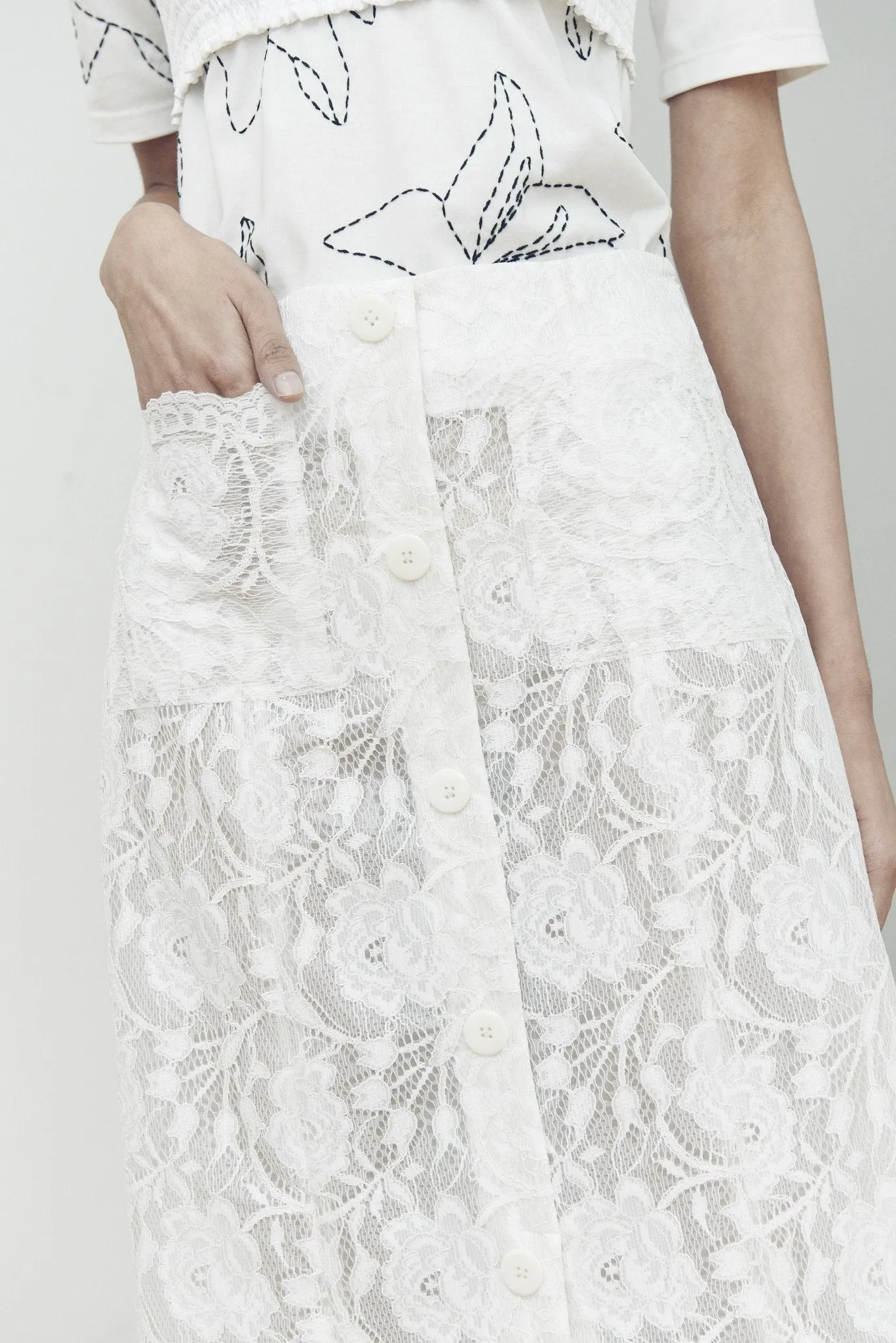 COATED LACE MIDI SKIRT