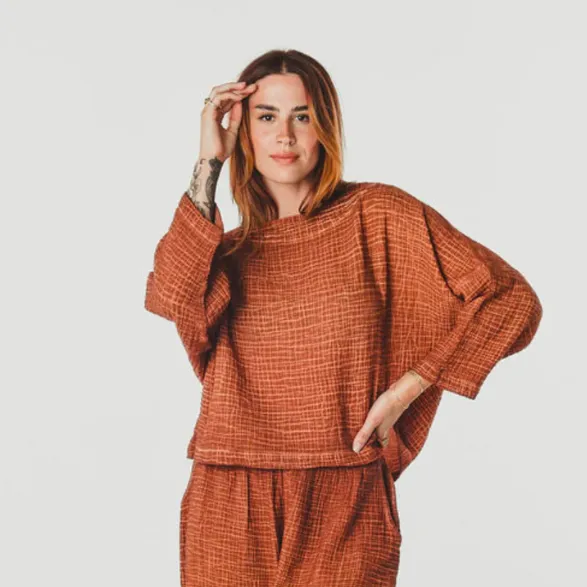 Crinkle Long Sleeve Boat Top - Terracotta