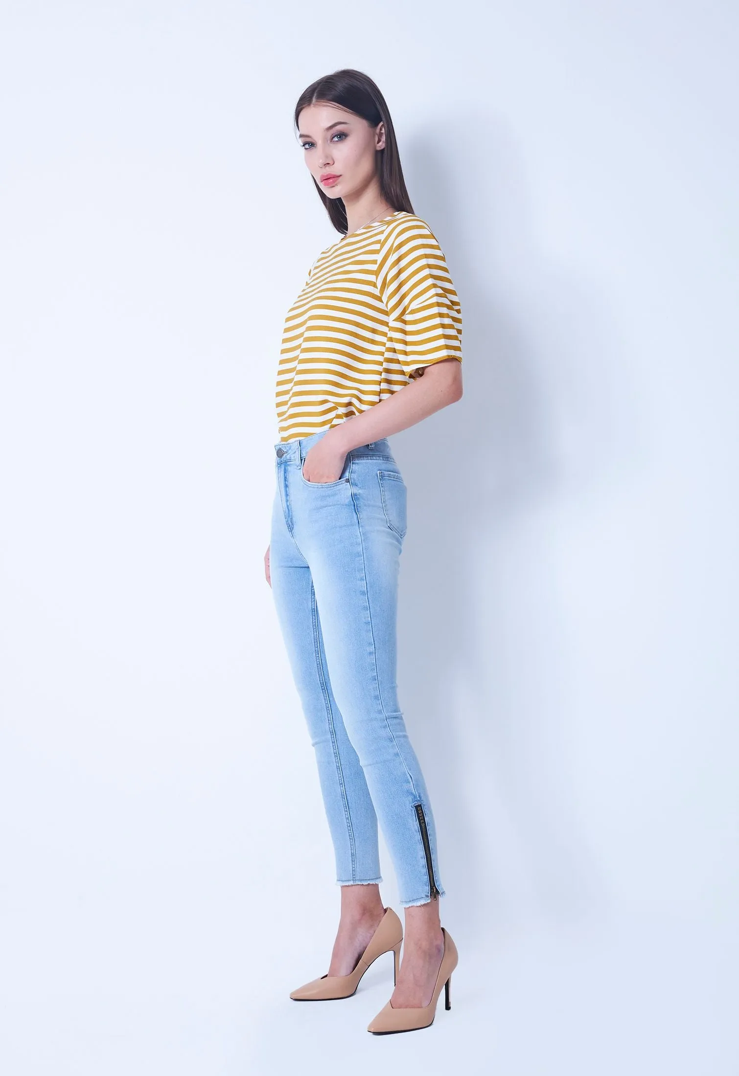 Denim Side Zip Hem Pants