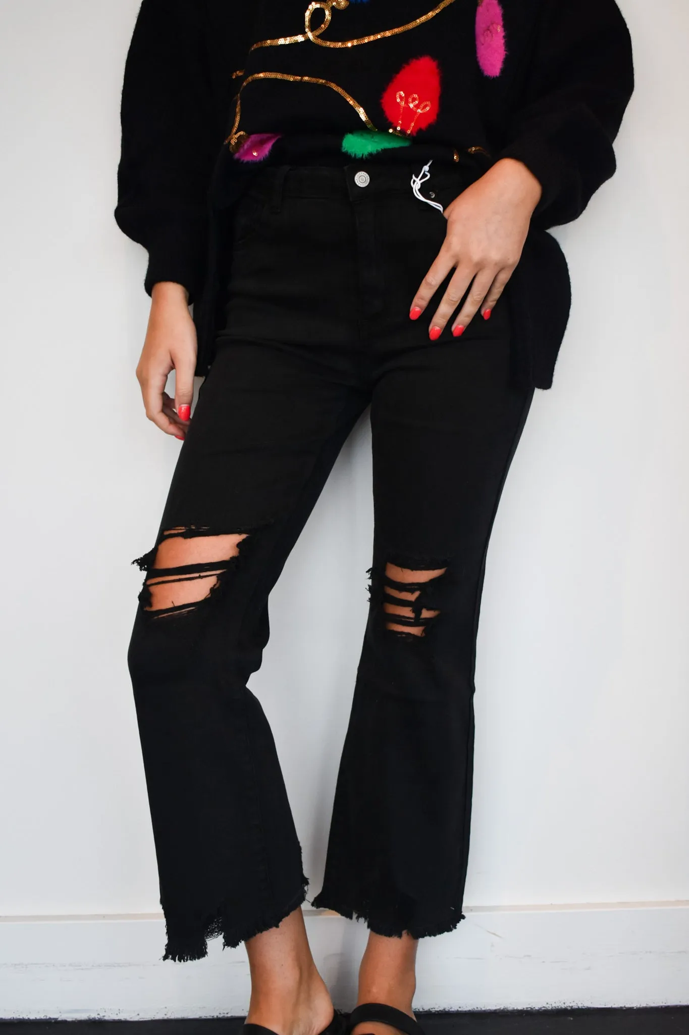 Distressed Hem Stretch Fit Denim- Black