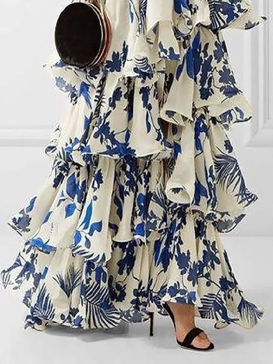 Ditsy Floral Prints Ruffle Edge Tiered Long Sleeve Boho Dress