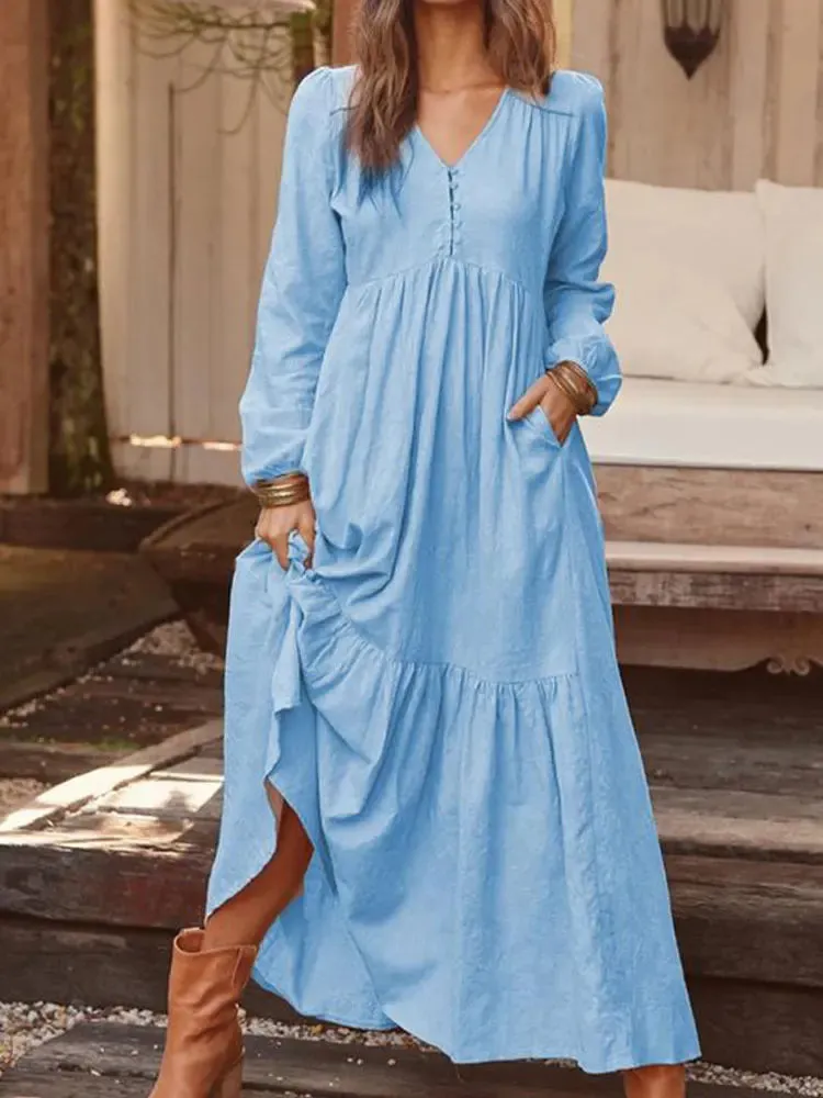 DressBetty - 2024 Retro Solid Color Maxi Cotton Boho Dress for Women