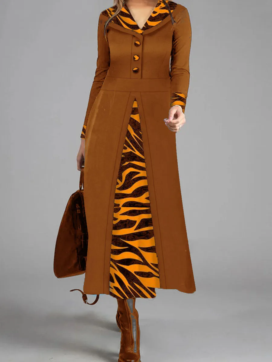 Elegant Retro Colorblock Leopard Print Long Sleeve Maxi Dress