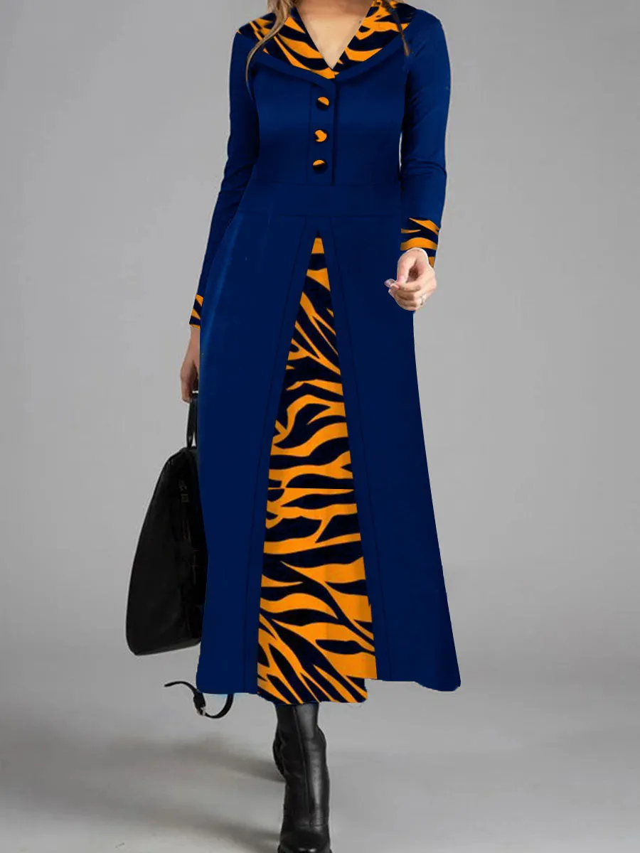 Elegant Retro Colorblock Leopard Print Long Sleeve Maxi Dress