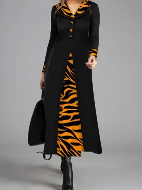 Elegant Retro Colorblock Leopard Print Long Sleeve Maxi Dress