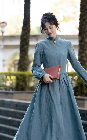 Elsie Maxi Dresses For Women Medieval Manor Vintage Elegant Dress Stand Collar Long Sleeve Strip Cotton Linen Blue Dress