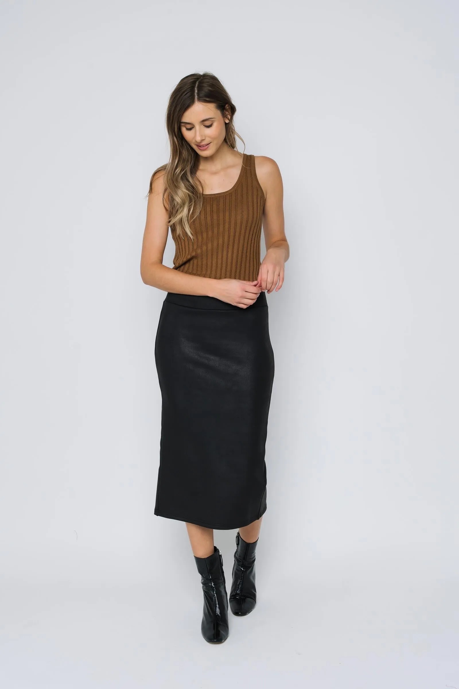 Erin-Faux Leather Midi Skirt