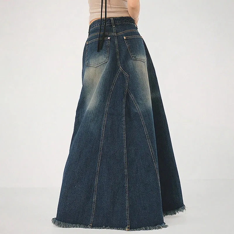 Fashionable High Waist Vertical Stripe Design Denim Skirt Retro Distressed Frayed Fishtail Skirt