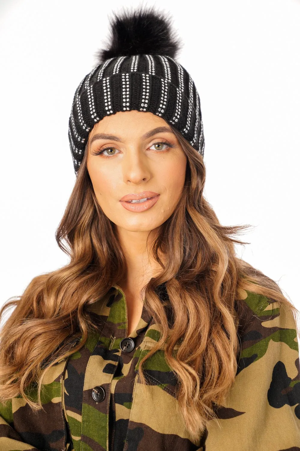 FAUX Fur Bobble Pom Pom Beanie Hat with Rhinestones Gem