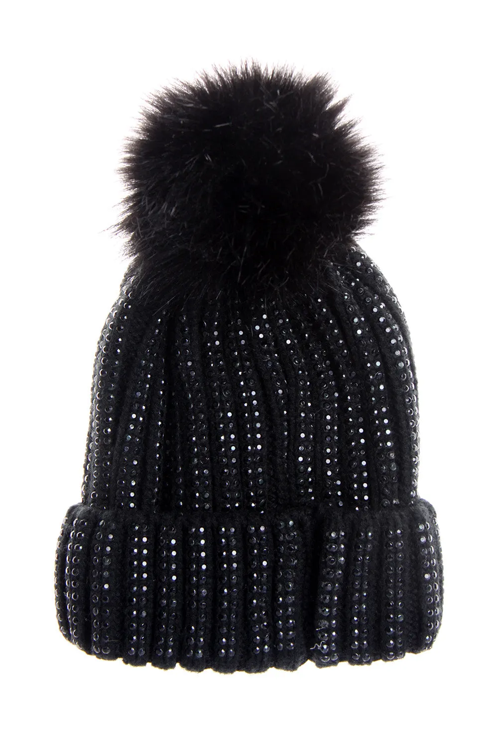 FAUX Fur Bobble Pom Pom Beanie Hat with Rhinestones Gem