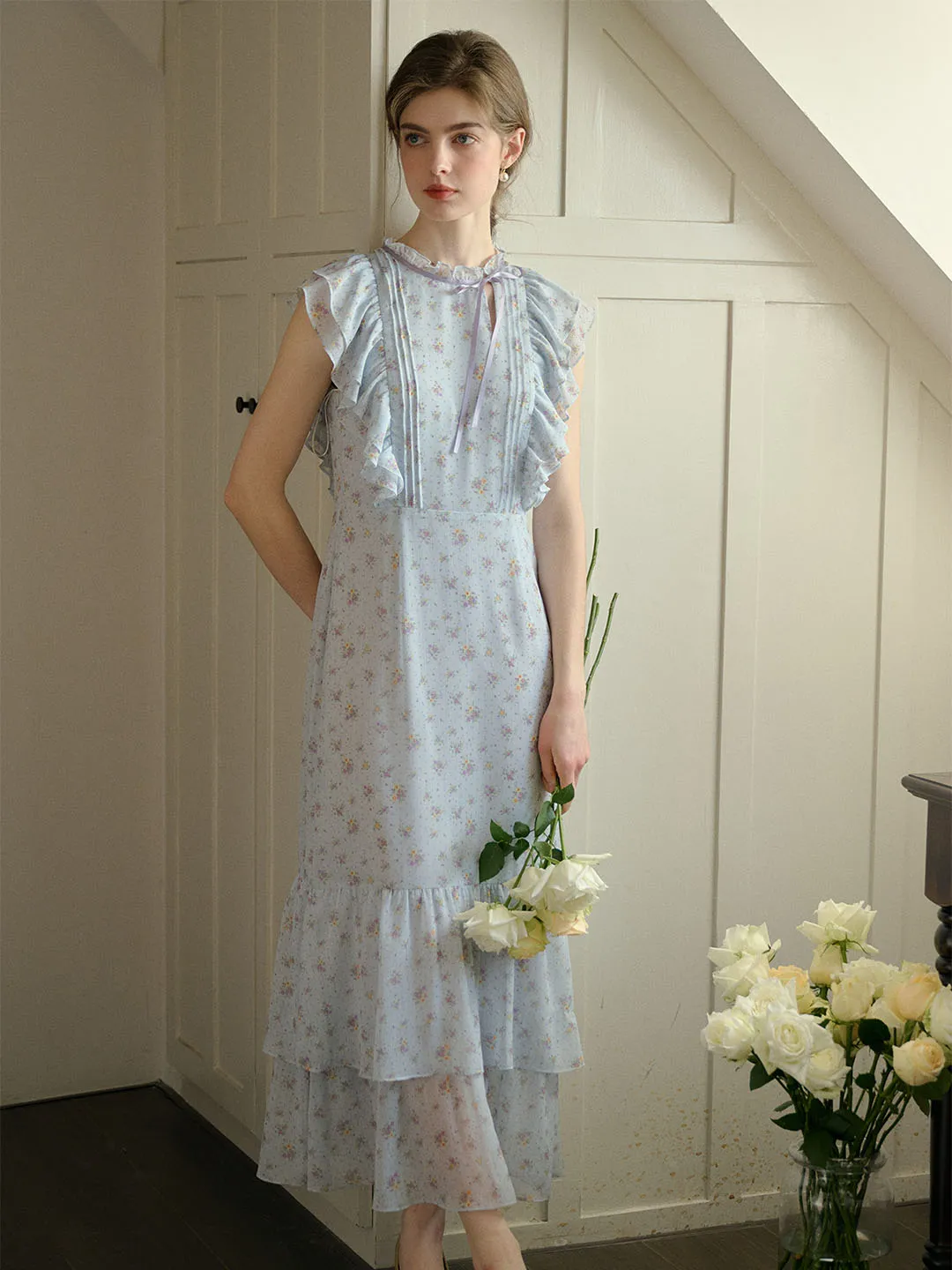 【Final Sale】Malani Floral Printed Flutter Sleeve Mermaid Hem Maxi Dress