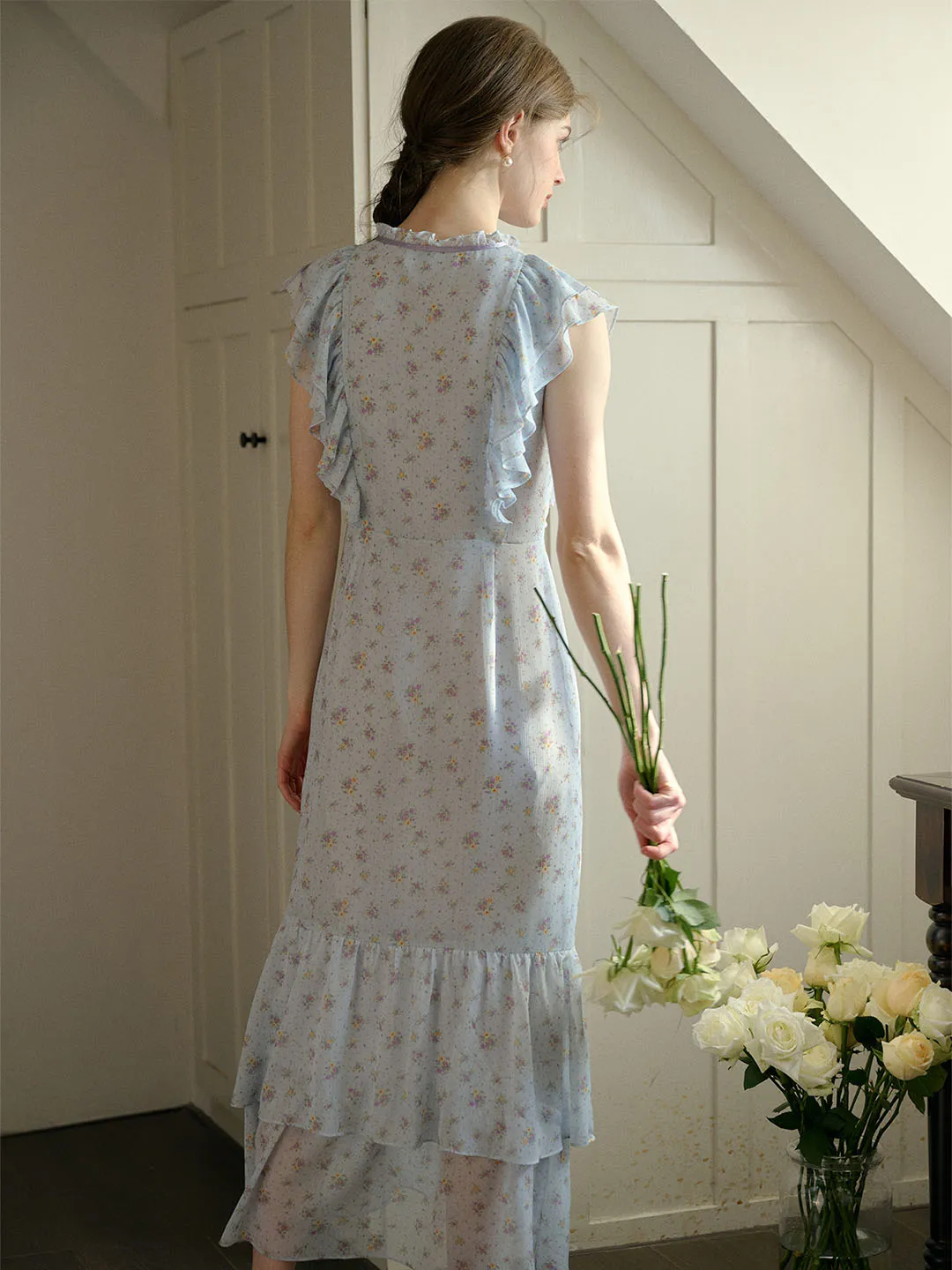 【Final Sale】Malani Floral Printed Flutter Sleeve Mermaid Hem Maxi Dress