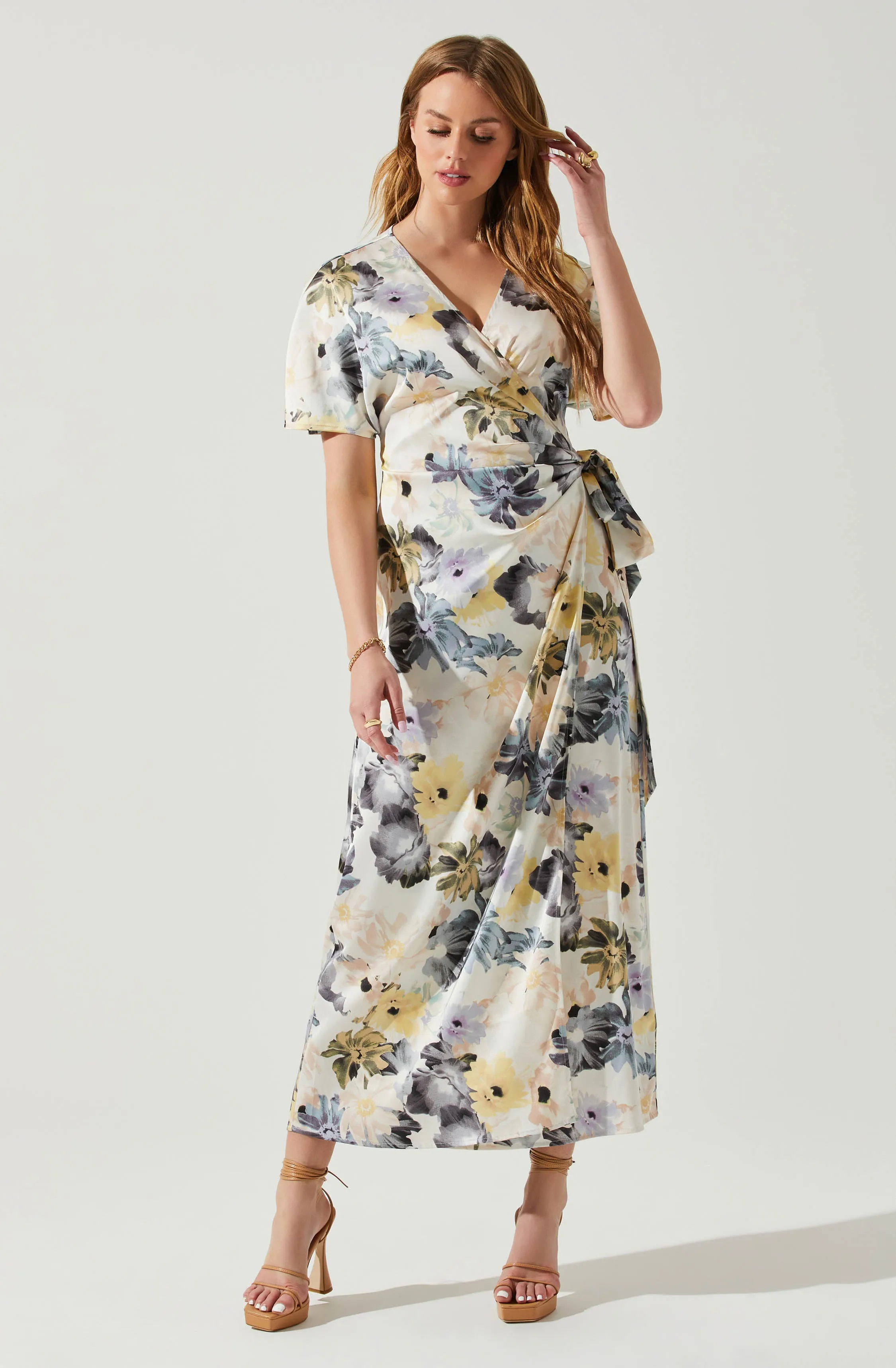 Floral Short Sleeve Wrap Front Maxi Dress