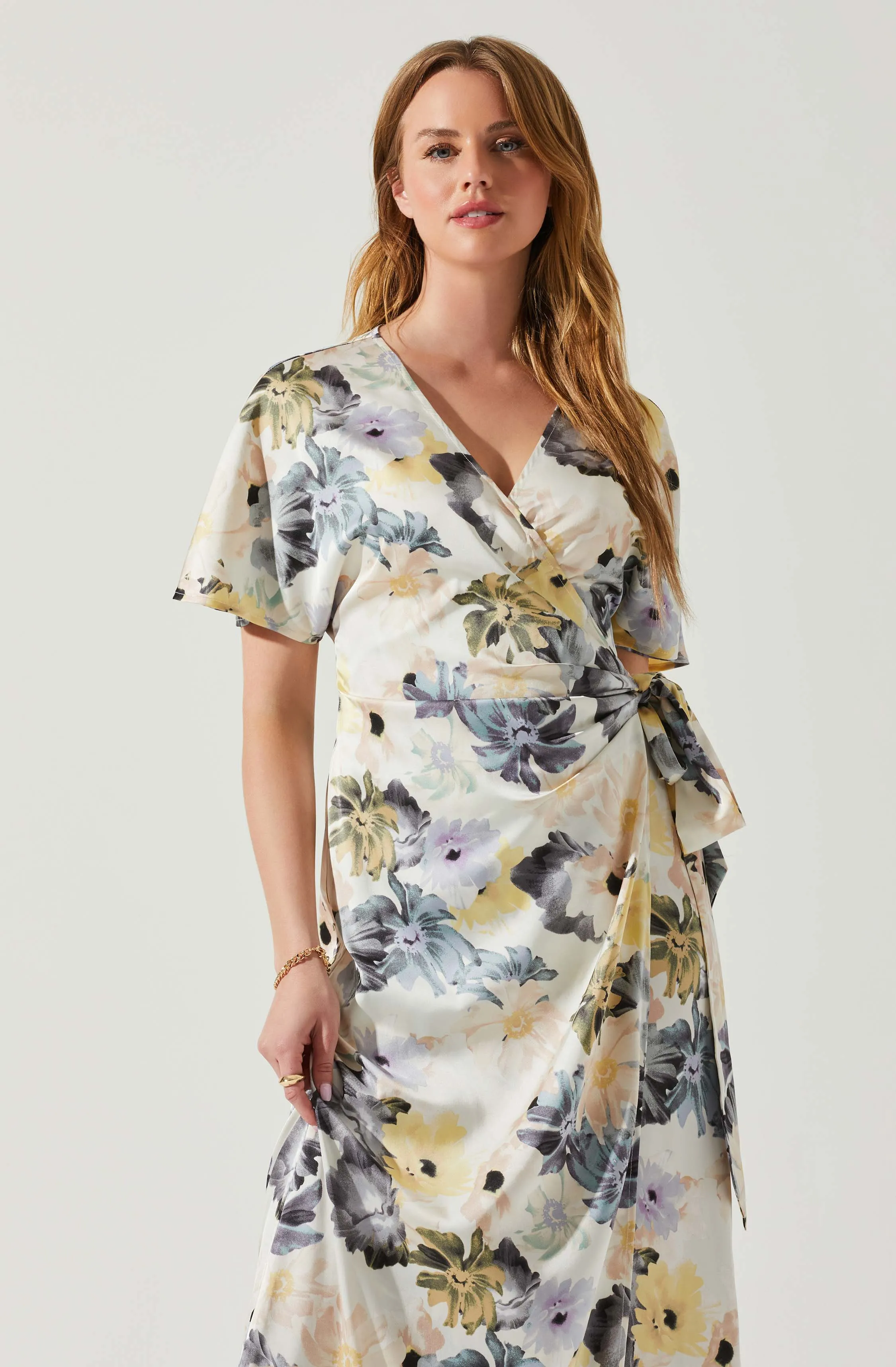 Floral Short Sleeve Wrap Front Maxi Dress