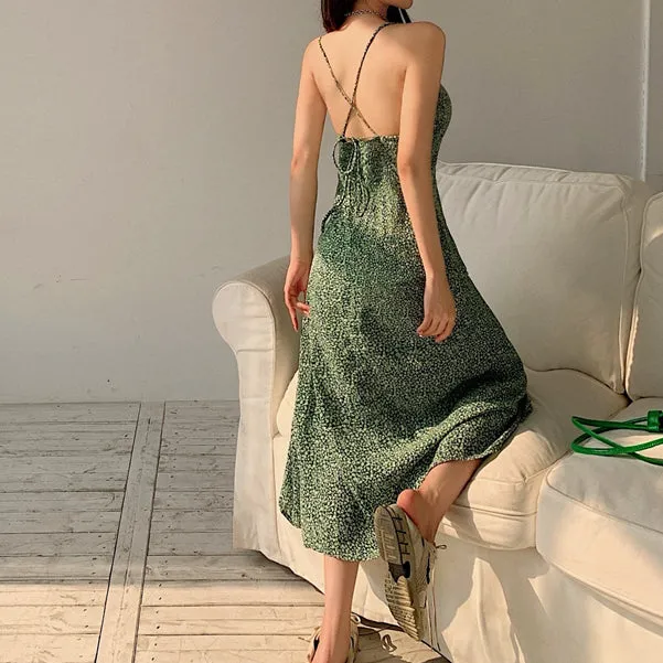 Green Retro Floral Cami Split Dress