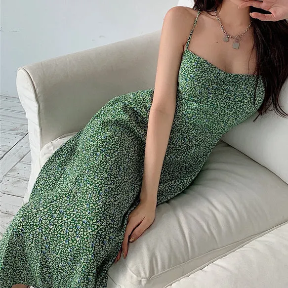 Green Retro Floral Cami Split Dress