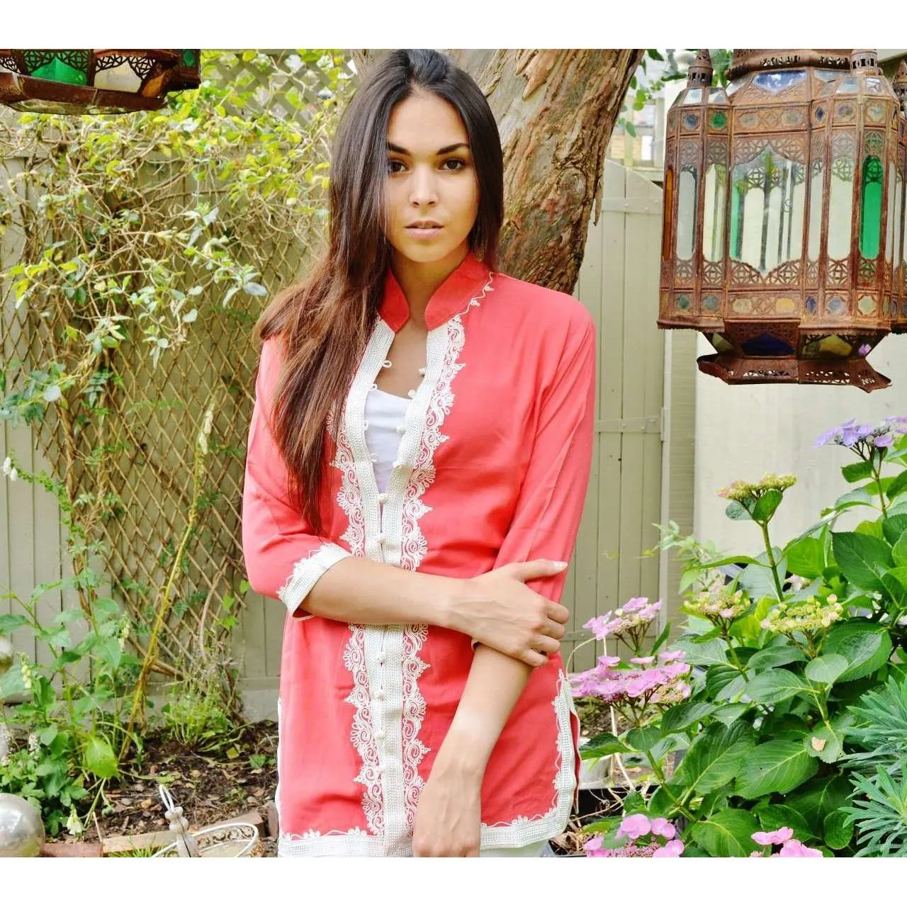 Handmade Salmon Pink and White Moroccan Tunic