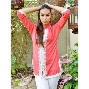 Handmade Salmon Pink and White Moroccan Tunic