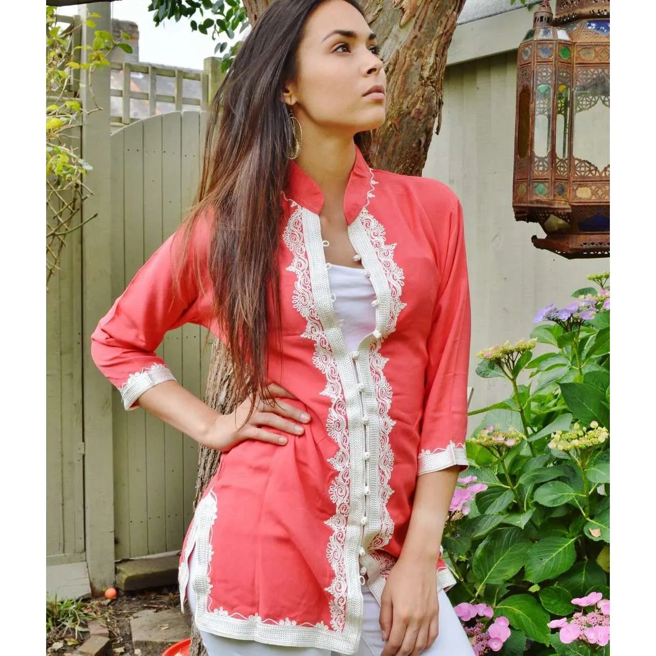 Handmade Salmon Pink and White Moroccan Tunic