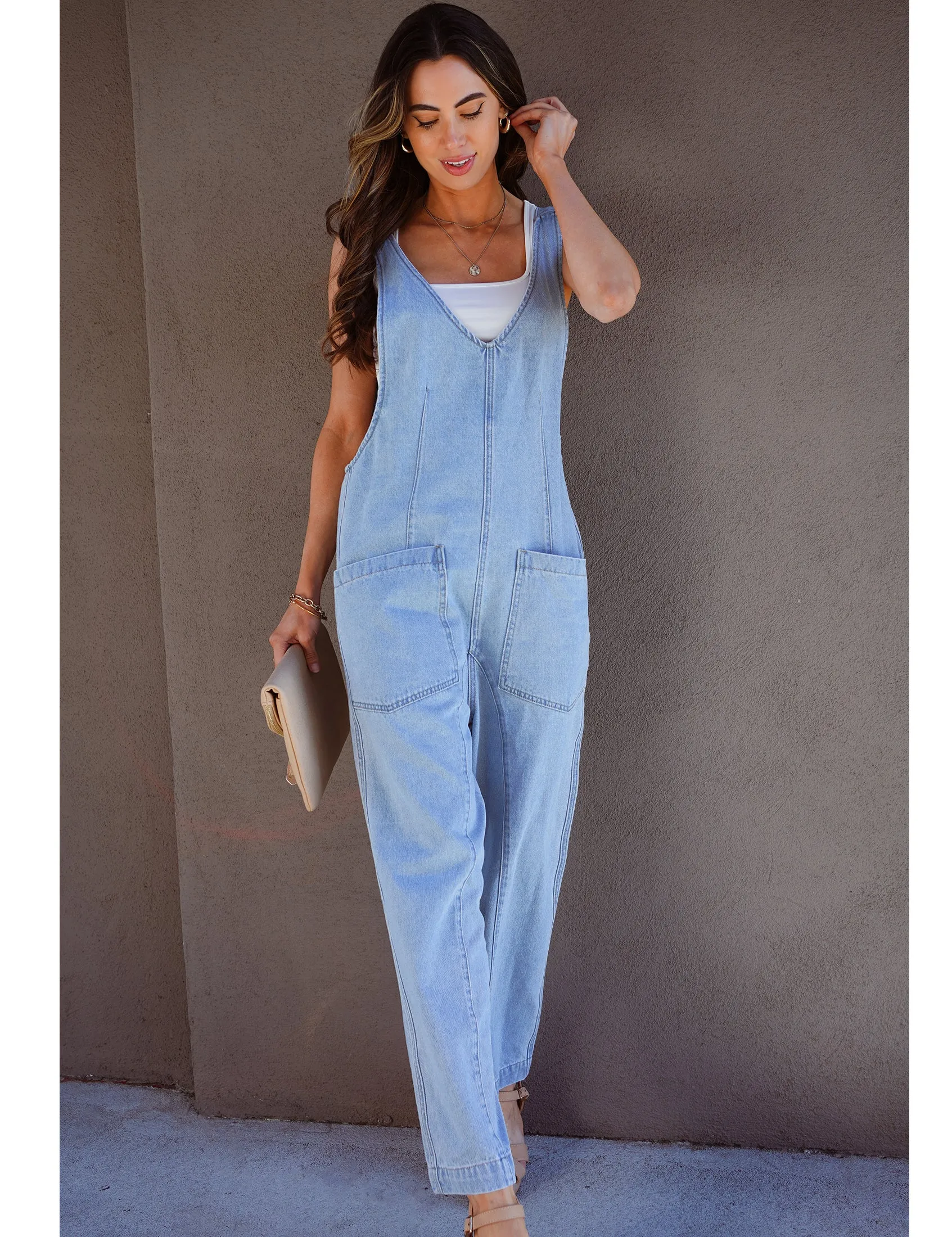 Ice Blue Women's Casual Denim Low Scoop Neckline Jumpsuits With Adjustable Shoulder Pocket Cropped Overalls