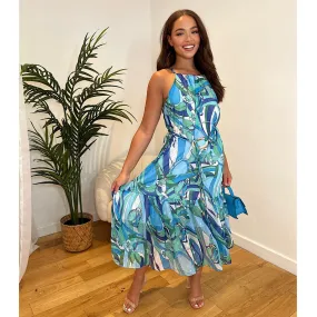 IMELIO Retro Print Belted Maxi Dress