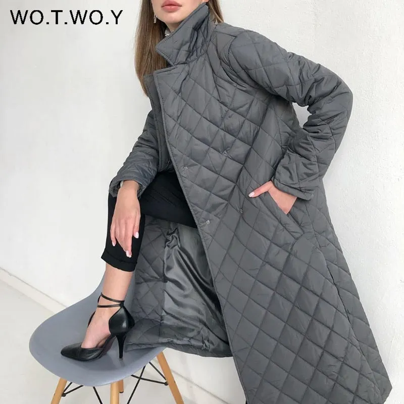 Joskaa Christmas Gift WOTWOY Argyle Long Cotton-padded Parkas Women Belted Thick Warm Winter Jacket Female Casual Solid Coats Female 2024 Overcoat