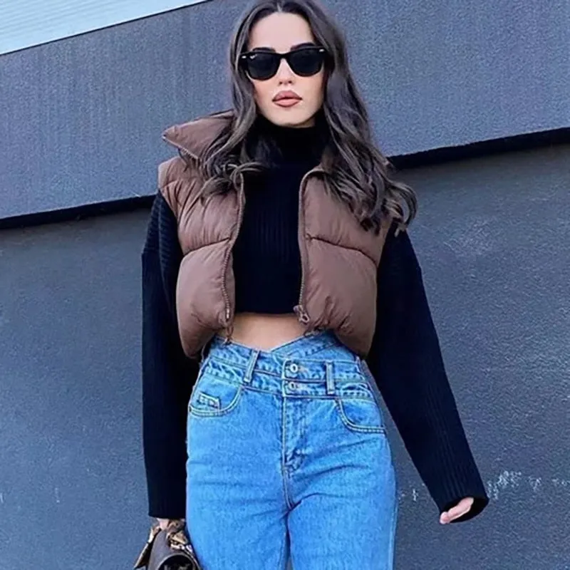 Joskaa Merodi Women Casual High Collar Za Coffee Color Short Parkas Outwear Chic Lady Fashion Zippers Sleeveless Jackets Vest