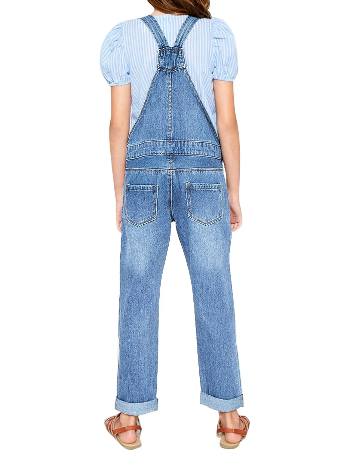 Light Blue Cuffed Hem Distressed Girls' Denim Jeans Overall